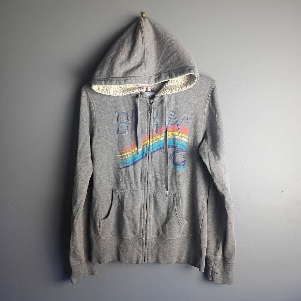 Billabong Gray Sherpa Lined Full Zip Hoodie with Rainbow Wave Graphic